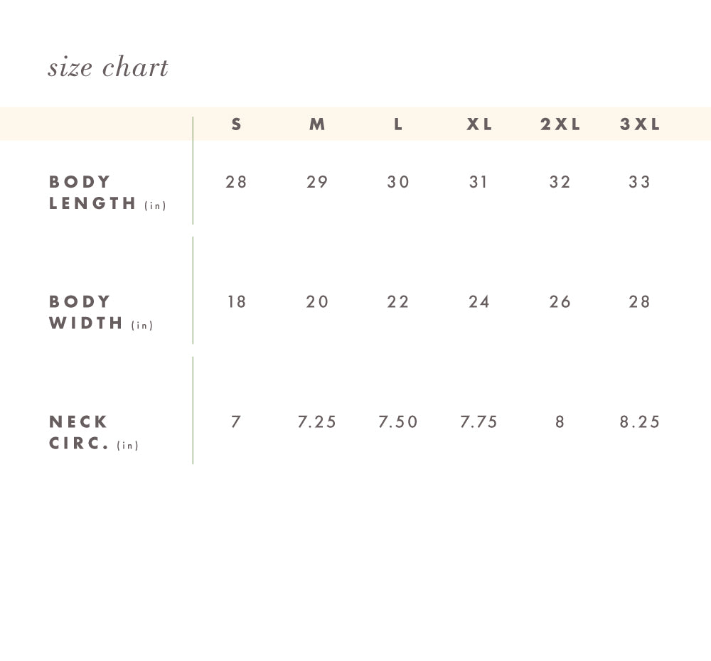 The size chart for the unisex FarmHouse Fresh Donation T-Shirt, featuring size from small to 3 extra-large.