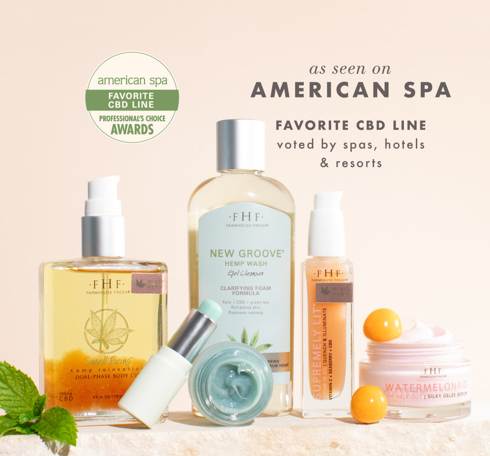 Collection of skincare products with 'American Spa: Professional's Choice Favorite CBD Line' award on a beige background.