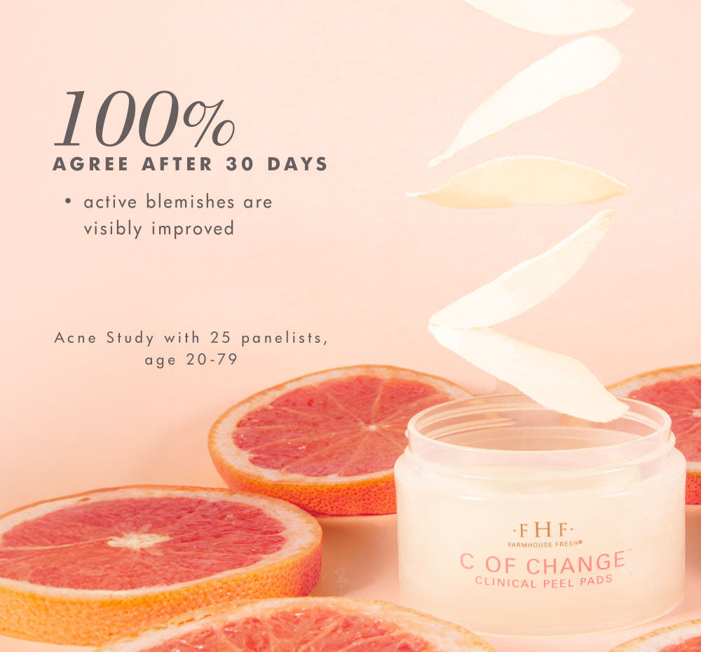 In consumer tests, 100% of participants agree their active blemishes are visibly improved after using FarmHouse Fresh C of Change Clinical Peel Pads.