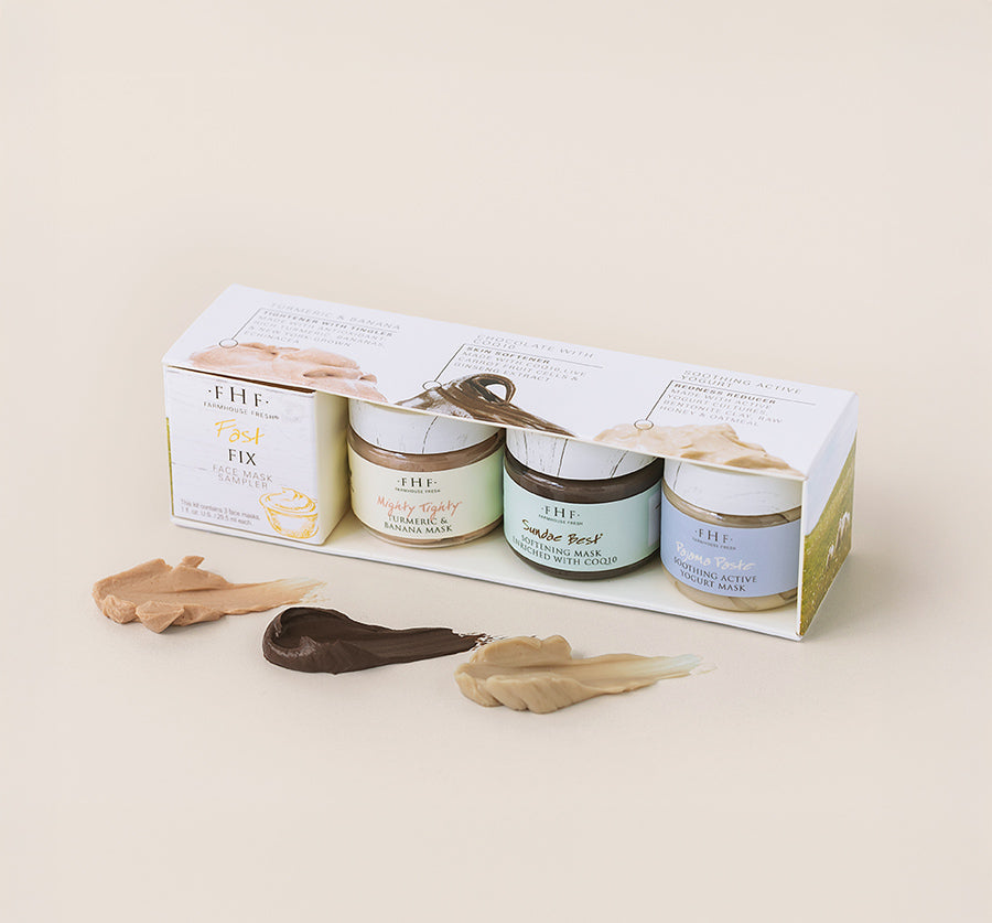 A box of FarmHouse Fresh Fast Fix Face Mask Sampler that comes with a selection of tightening, smoothing and calming face masks.