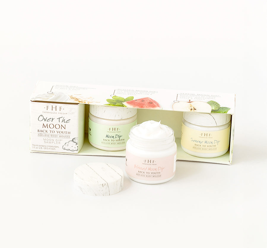 FarmHouse Fresh Over The Moon Body Mousse Sampler that includes three travel-size Moon Dip body moisturizers with fruity, fresh and soft scents.
