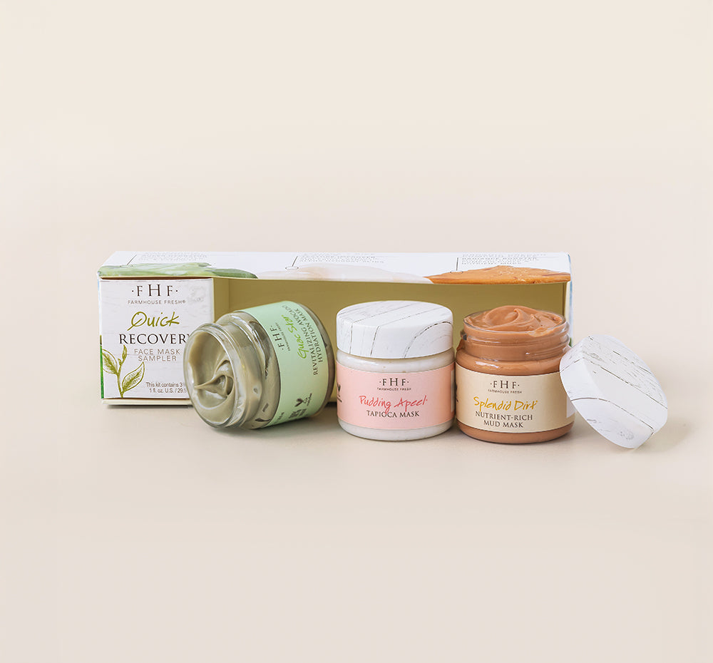 Three jars of face masks from FarmHouse Fresh Quick Recovery Face Mask Sampler for clear, healthy skin.