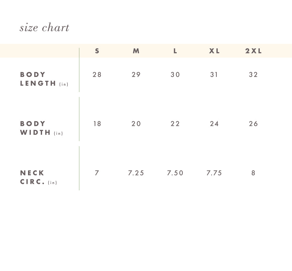 Size chart of the unisex FarmHouse Fresh Shirt that donates to the FHF animal sanctuary. Available in sizes Small through 2XL.
