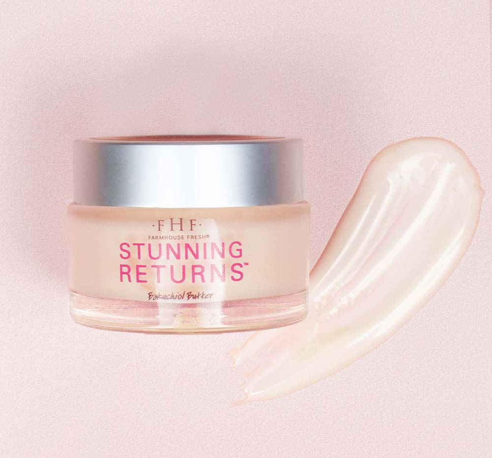 A jar of FarmHouse Fresh Stunning Returns face and neck moisturizer and a swatch showing a rich, thick texture that is perfect for aging and dry skin.