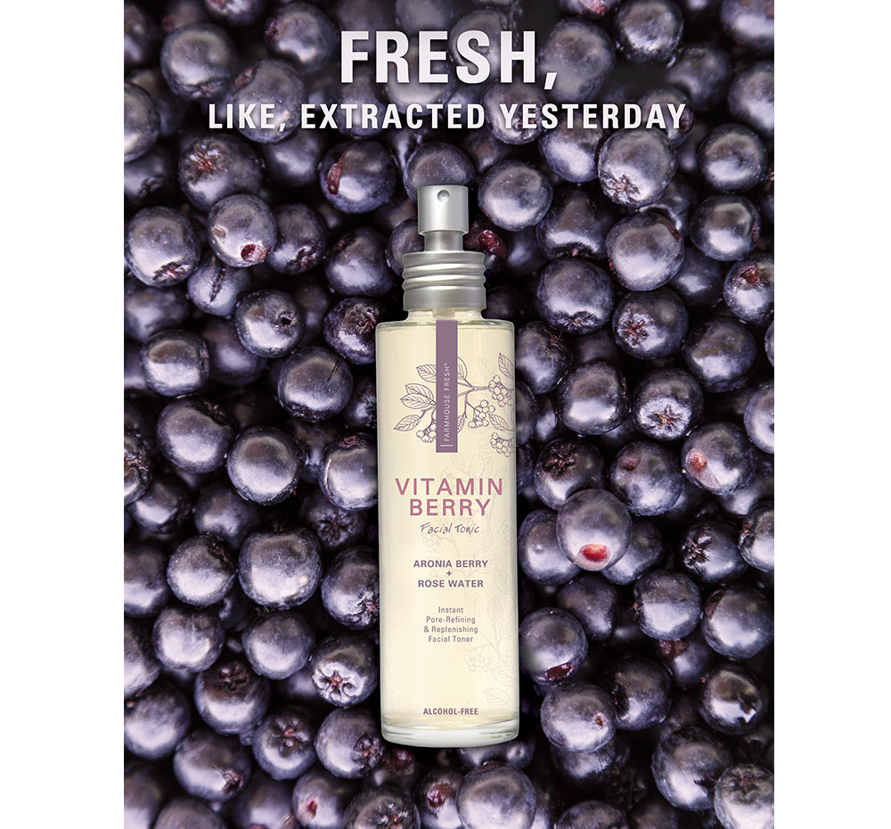 A poster of Vitamin Berry Facial Tonic FarmHouse Fresh that reads “Fresh, like extracted yesterday”.