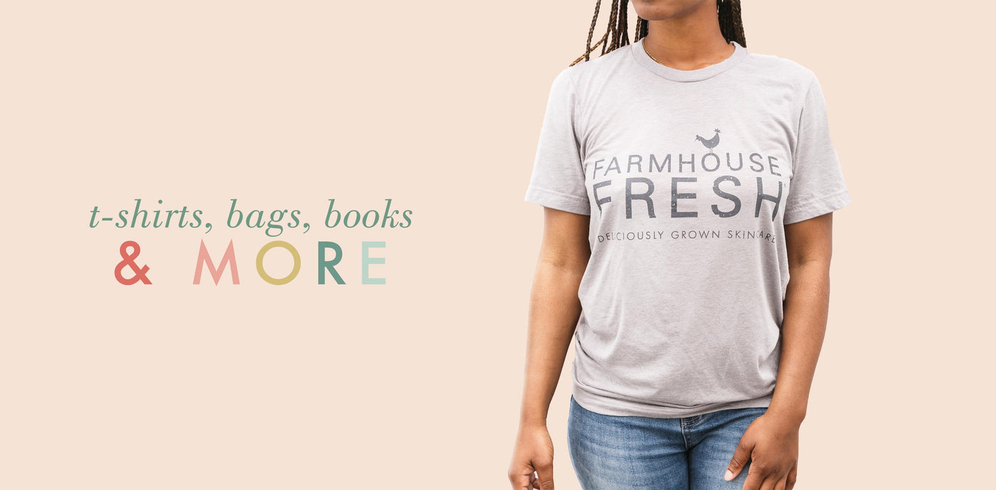 A woman wearing a t - shirt that says farmhouse fresh.