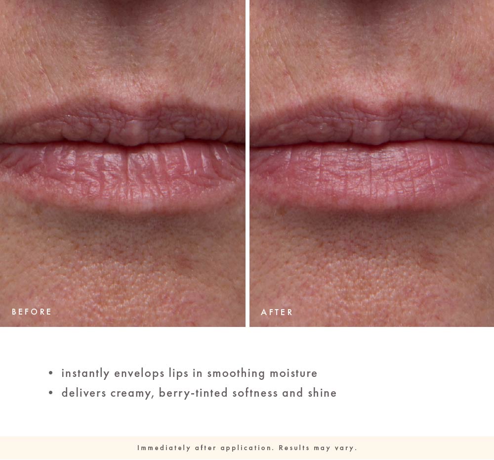 Blissedberry before-and-after lip results showing instant moisture, softness, shine, and a subtle berry tint