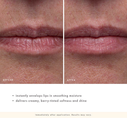 Blissedberry before-and-after lip results showing instant moisture, softness, shine, and a subtle berry tint