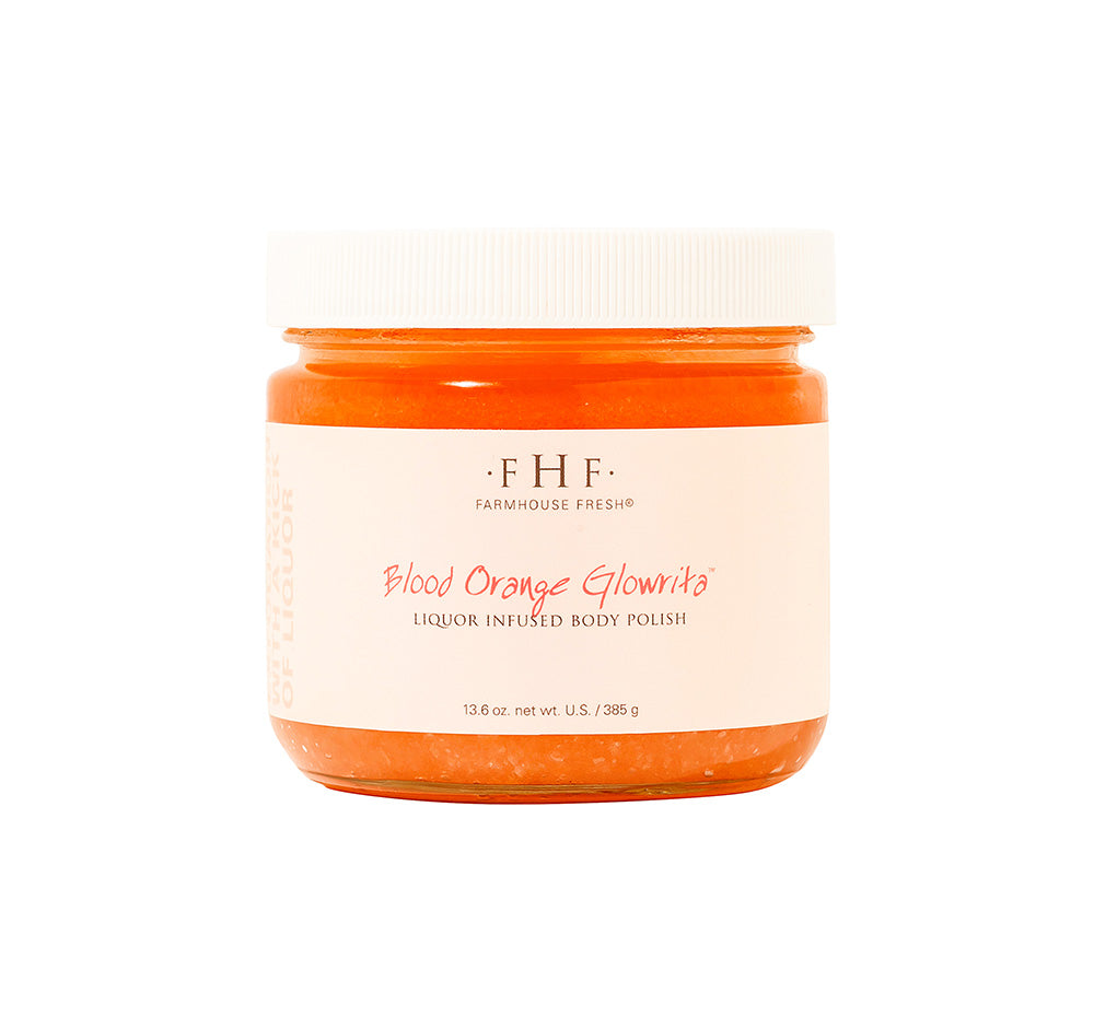 Jar of FarmHouse Fresh Blood Orange Glowrita body polish on a white background