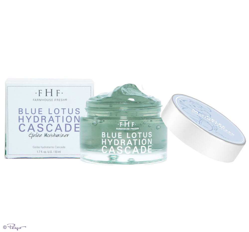 A jar and a box of FarmHouse Fresh Blue Lotus Hydration Cascade Face Moisturizer. Each purchase helps animals in need.