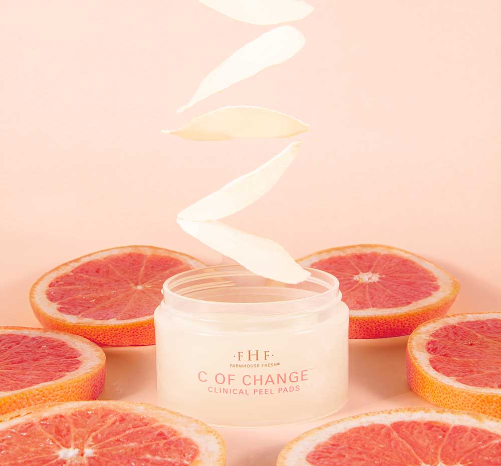 Peel Pads falling into FarmHouse Fresh C of Change brightening and acne-clearing Peel Pads.