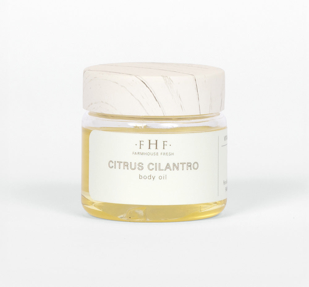 A sample of Citrus Cilantro body oil by Farmhouse Fresh.