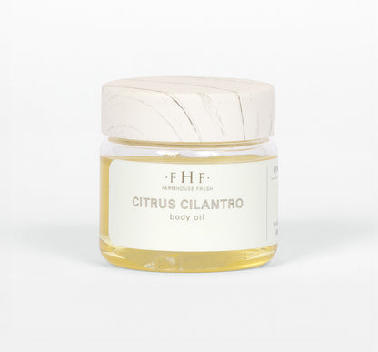 A sample of Citrus Cilantro body oil by Farmhouse Fresh.