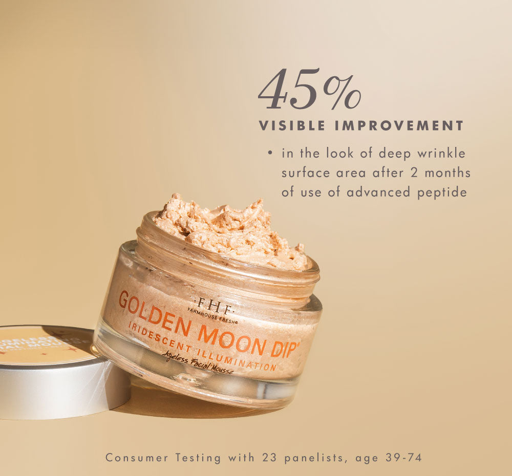 In consumer testing, 45% of participants noticed visible improvement in the look of the deep wrinkle area after using FarmHouse Fresh Golden Moon Dip Illumination Face Mousse with Retinol and Wrinkle-Targeting Peptides for 2 months.