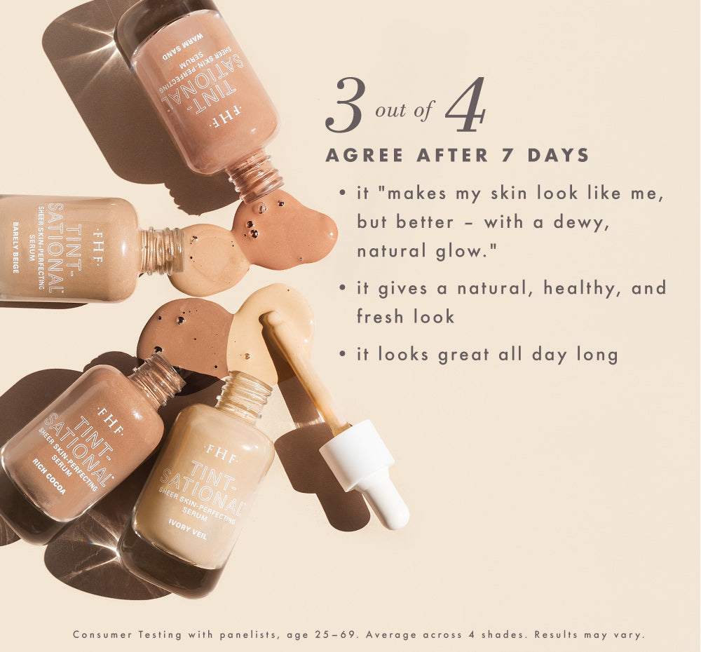 Tint-sational Sheer Skin-Perfecting Serum bottles in all shades with positive consumer survey data