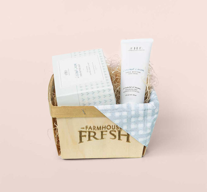 FarmHouse Fresh Coconut Cream Harvest Gift Basket that includes a shea butter soap and hand cream.