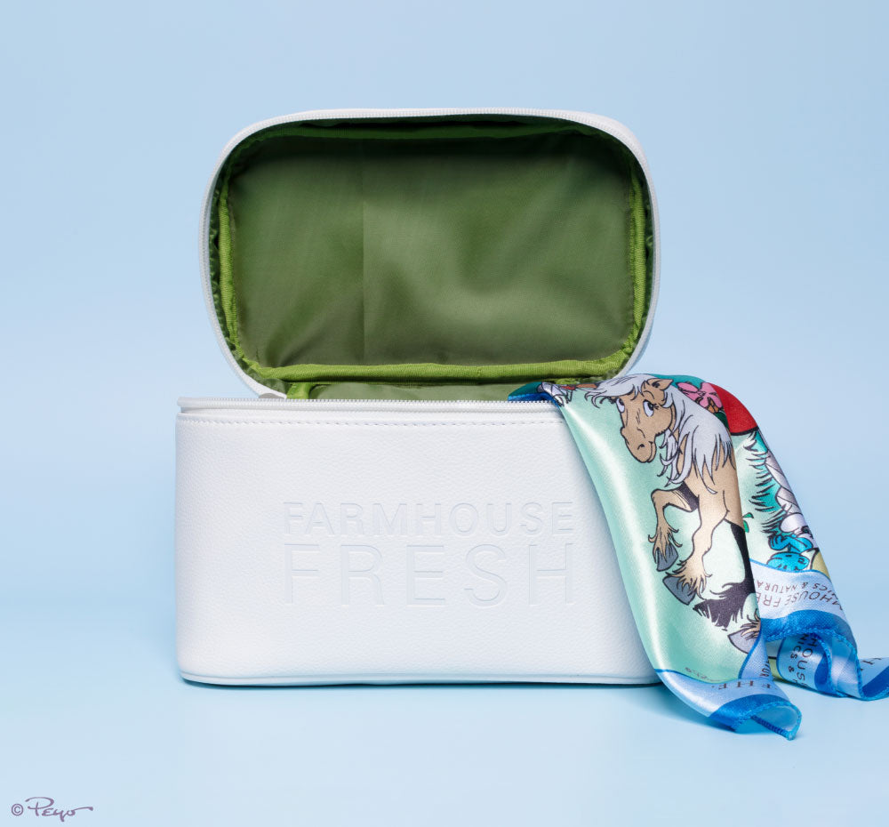 FarmHouse Fresh Vegan Leather Cosmetic Bag with Smurf Village Silky Scarf. All profits benefit animal rescue initiatives around the country.