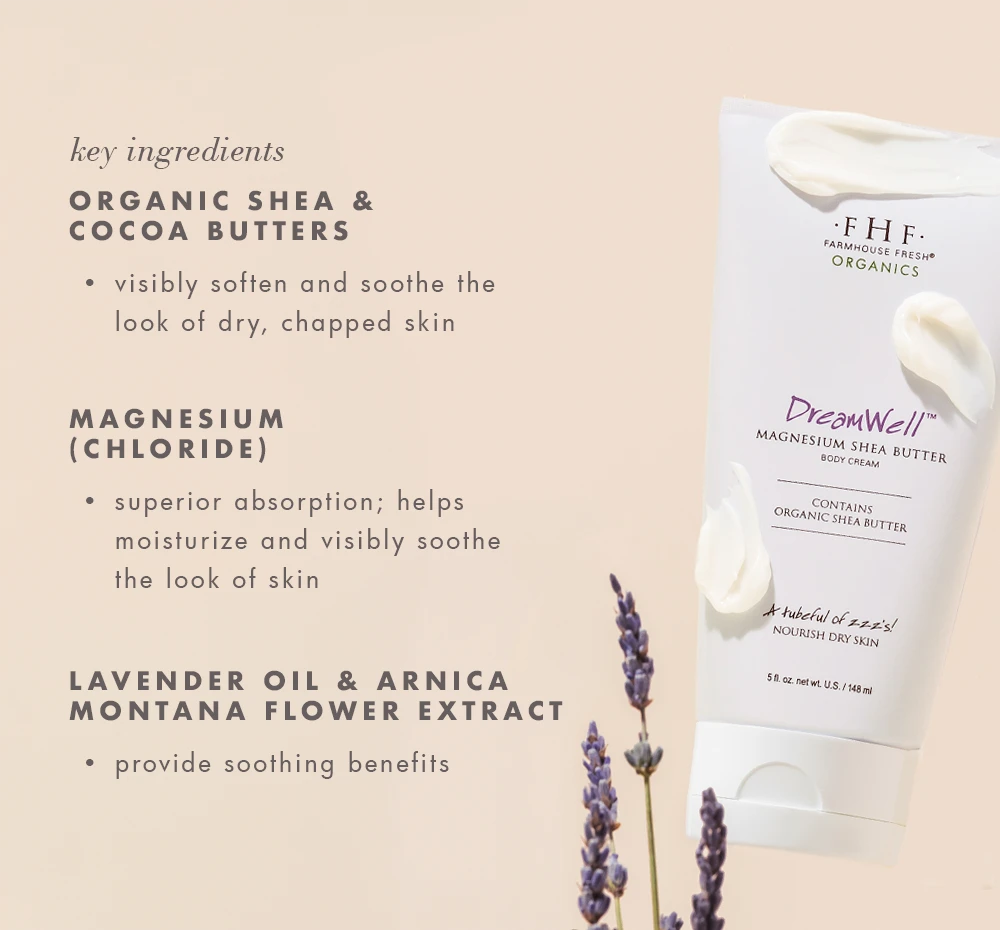 DreamWell™ Magnesium Organic Shea Butter Body Cream floating with lavender plus key ingredients listed on a beige background.
