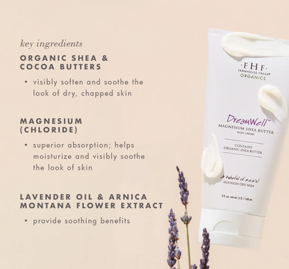 DreamWell™ Magnesium Organic Shea Butter Body Cream floating with lavender plus key ingredients listed on a beige background.