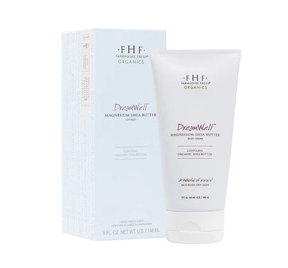 DreamWell™ Magnesium Organic Shea Butter Body Cream tube and packaging box on white background