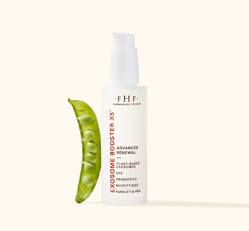 FarmHouse Fresh Exosome Booster X5 bottle with a green pea pod on a cream background