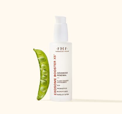 FarmHouse Fresh Exosome Booster X5 bottle with a green pea pod on a cream background