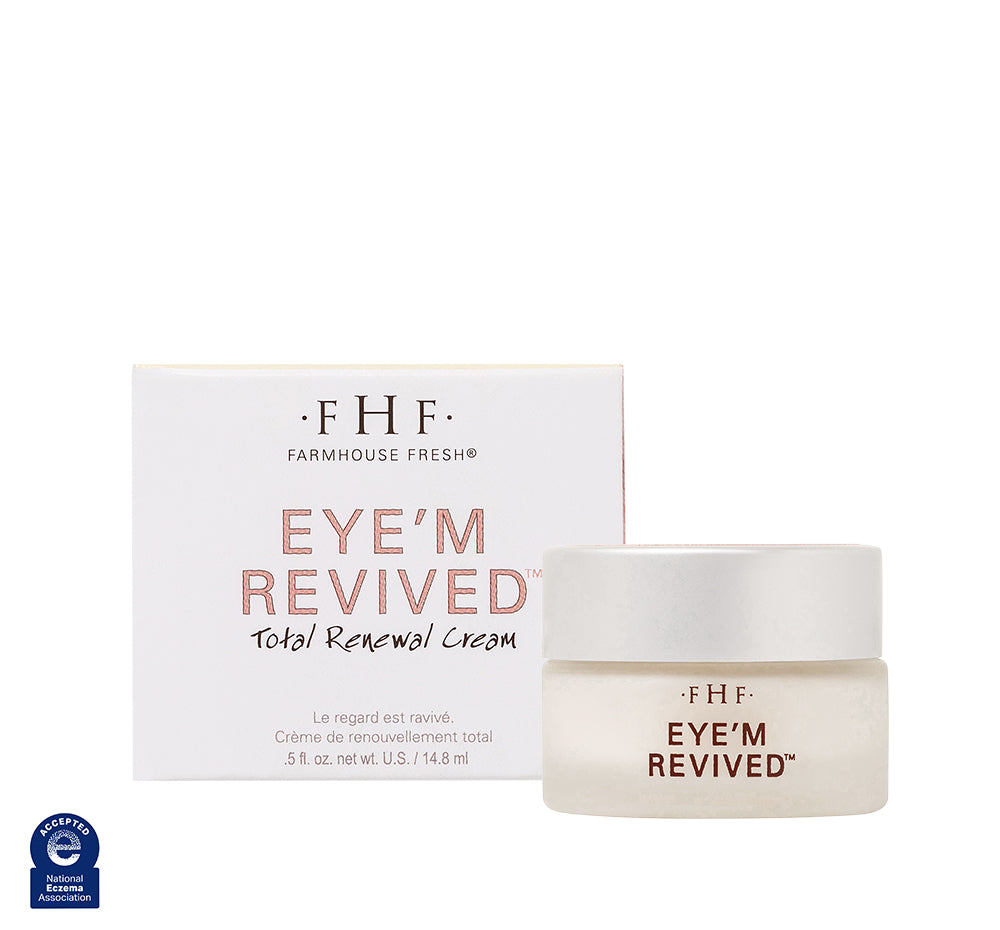 FarmHouse Fresh Eye'm Revived Total Renewal Cream jar with packaging on a white background.