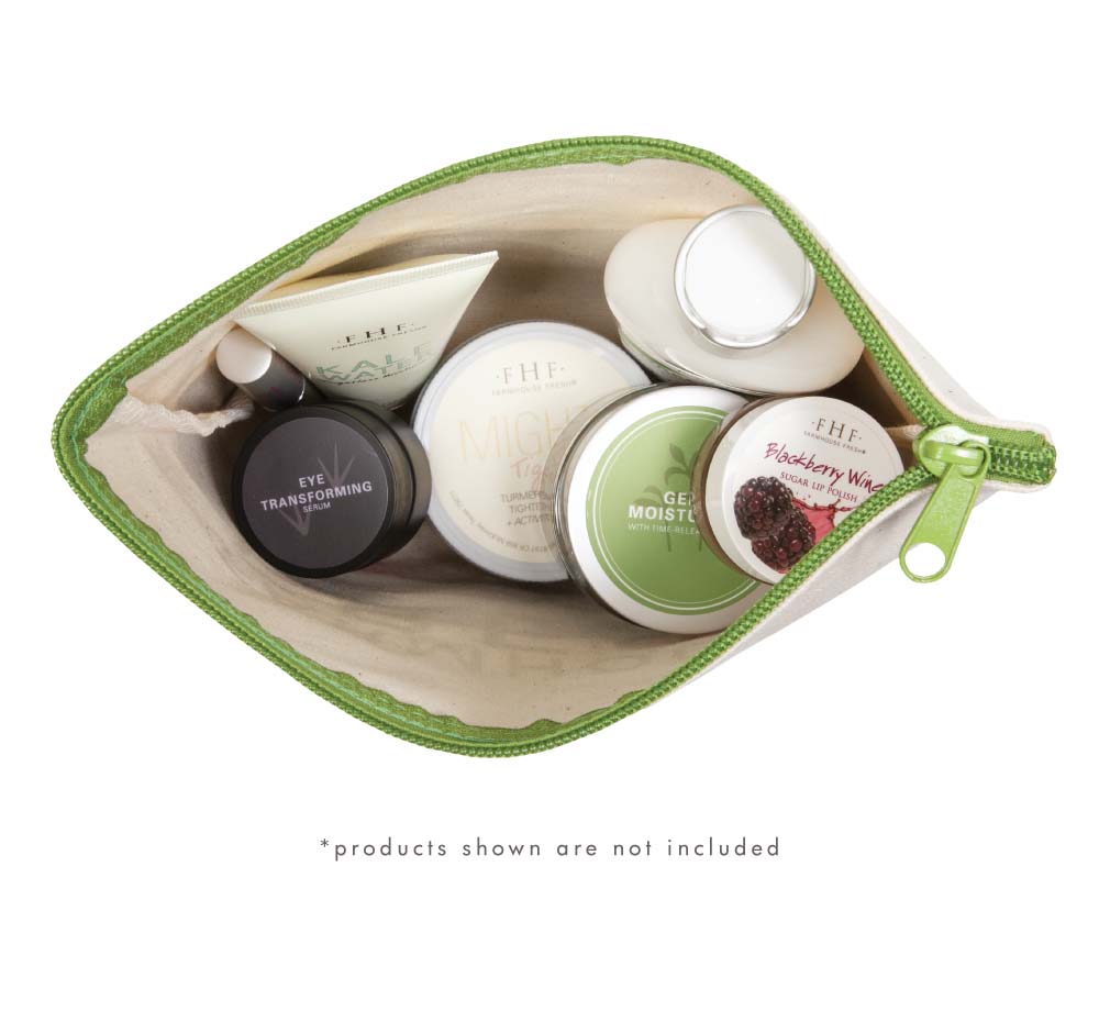 The top view of an opened canvas cosmetic bag that houses all the lip and body care products that come in Quench On-the-Go Limited Edition Gift set, the perfect gift for friends and family.