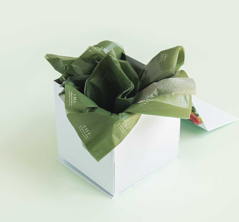 Farmhouse Fresh Luxe In Bloom Gift Box with floral design and tissue paper.