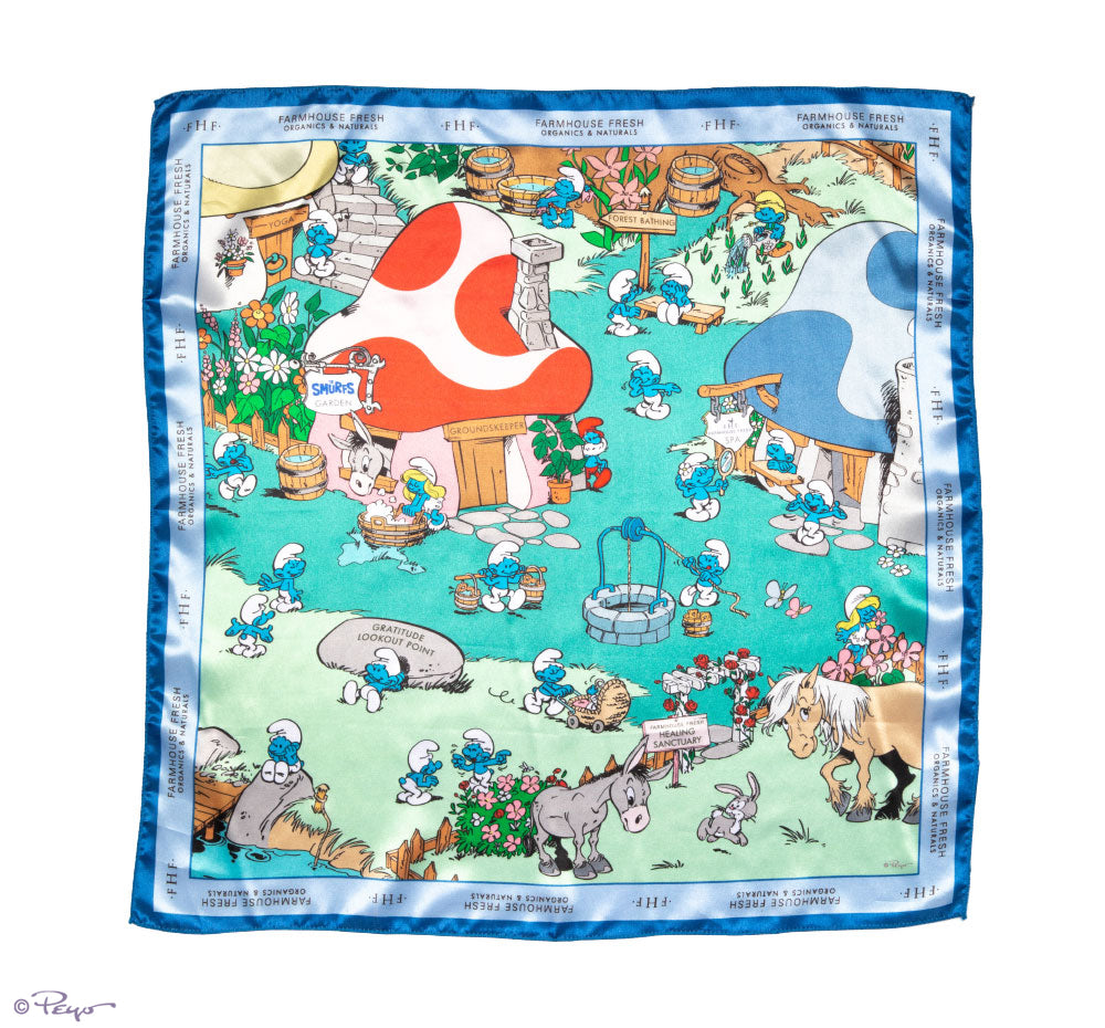 FarmHouse Fresh Smurf Village Silky Scarf that can be used to adorn your bag, tie back your hair, or wear around your neck. All profits benefit animal rescue initiatives around the country.