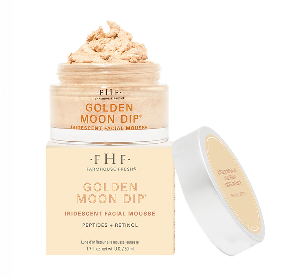 A box and a jar of FarmHouse Fresh Golden Moon Dip face Mousse with Retinol and Wrinkle-Targeting Peptides that gives skin a natural golden glow.