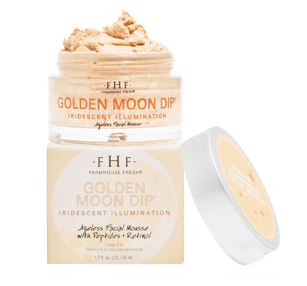 A box and a jar of FarmHouse Fresh Golden Moon Dip face Mousse with Retinol and Wrinkle-Targeting Peptides that gives skin a natural golden glow.