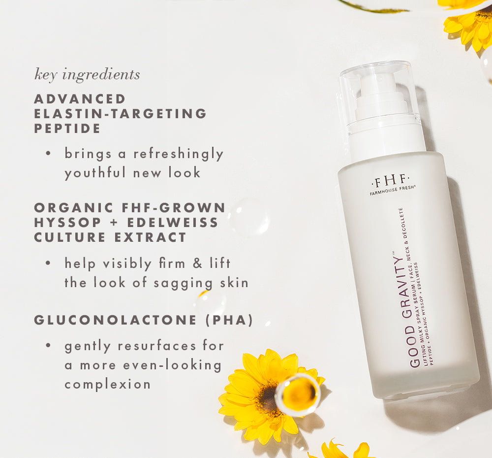 Key ingredients of Good Gravity Lifting Milky Spray Serum listed next to product bottle with product droplets and yellow flowers.