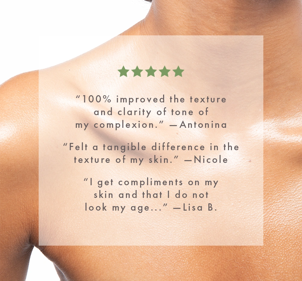 A close-up of a person's shoulder and upper chest after using Good Gravity with a semi-transparent white text box overlaid, featuring five green stars and several customer review quotes in dark gray text.