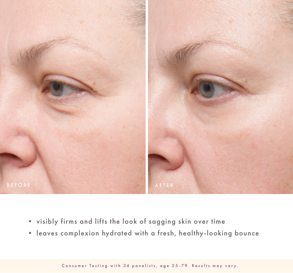 Before and after comparison of facial skin with text indicating product effects when using Good Gravity.