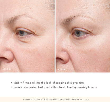 Before and after comparison of facial skin with text indicating product effects when using Good Gravity.