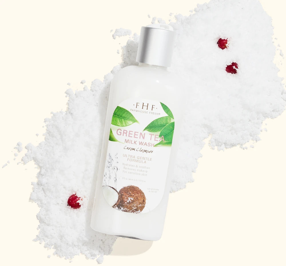 FarmHouse Fresh Green Tea Milk Wash creamy facial cleanser styled with festive holiday greenery and red berries