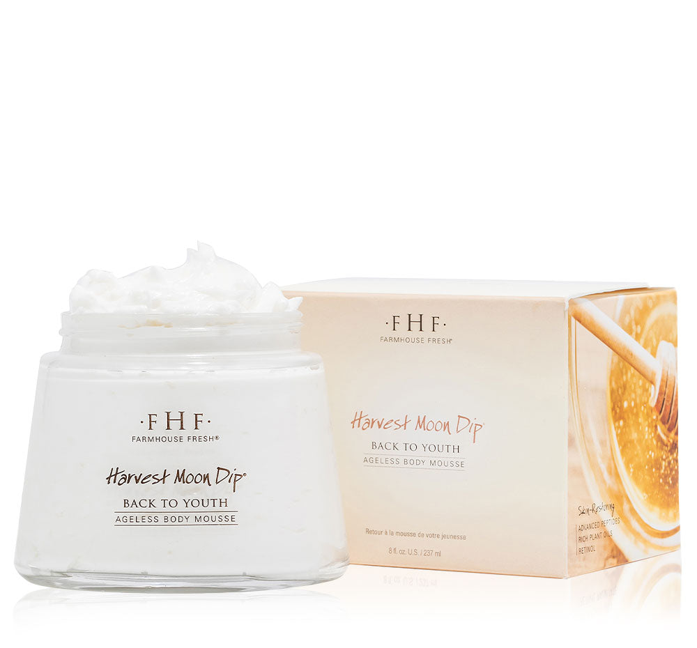 A box and a jar of FarmHouse Fresh Harvest Moon Dip body lotion that helps get rid of wrinkles on neck, chest, arms and legs and combat saggy skin.