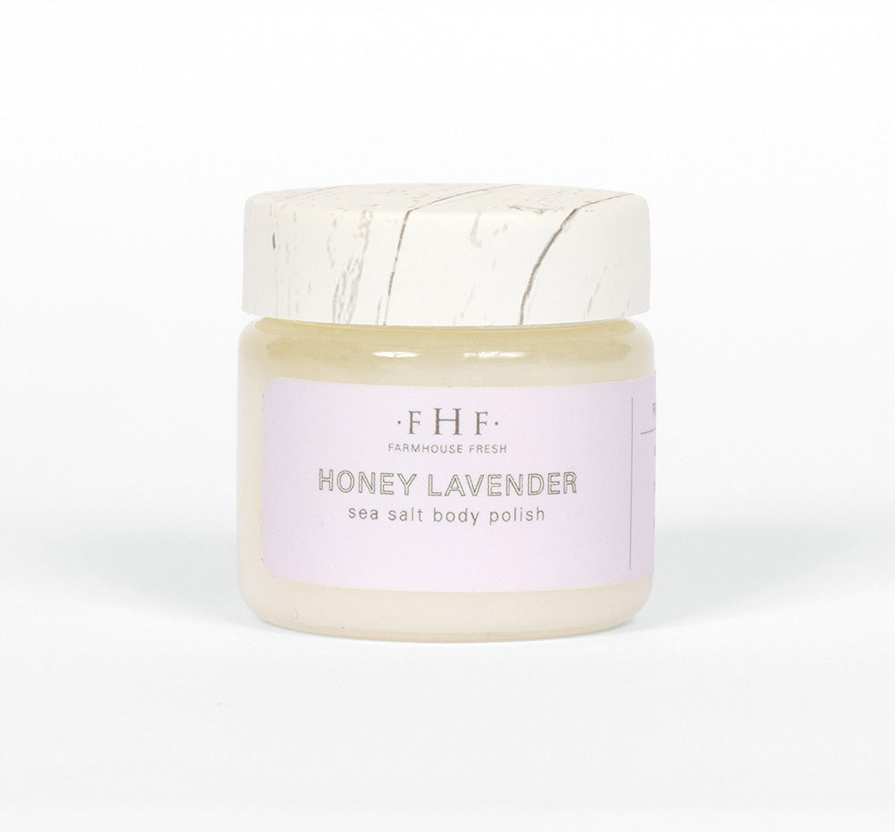 A sample of Honey Lavender sea salt scrub by Farmhouse Fresh.