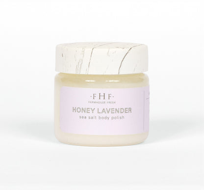 A sample of Honey Lavender sea salt scrub by Farmhouse Fresh.