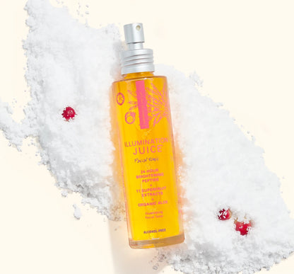 FarmHouse Fresh Illumination Juice Facial Tonic brightening toner styled with festive holiday greenery and red berries