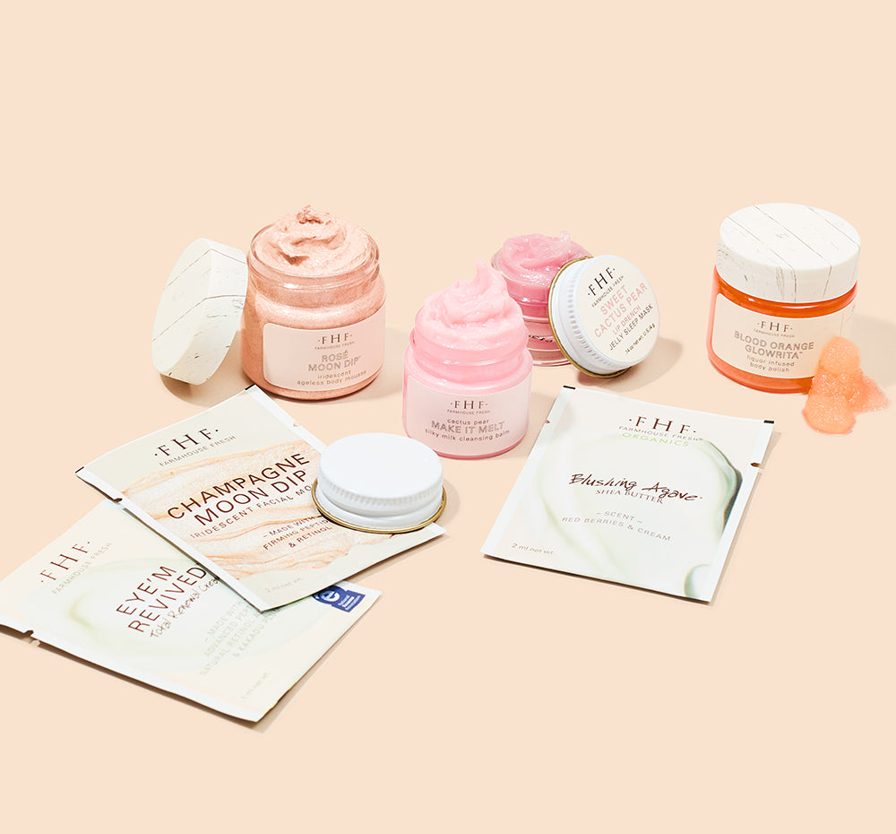 Jet Set Glow 7-piece sample kit designed to smooth, brighten, and illuminate your skin showing texture of products.