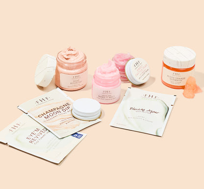 Jet Set Glow 7-piece sample kit designed to smooth, brighten, and illuminate your skin showing texture of products.