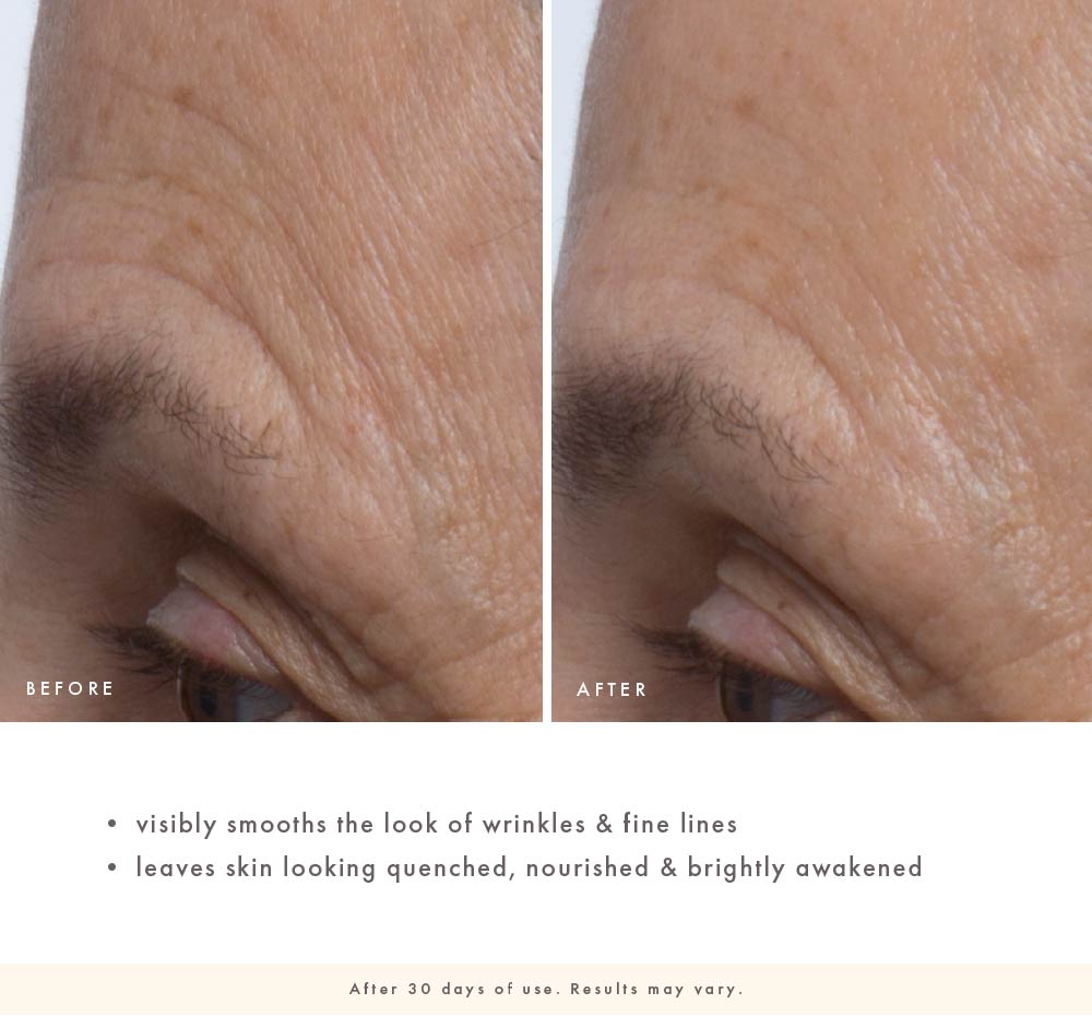 FarmHouse Fresh Lustre Rose before-and-after close-up of the eye area showing smoother-looking fine lines and a more quenched, brightened appearance after 30 days of use