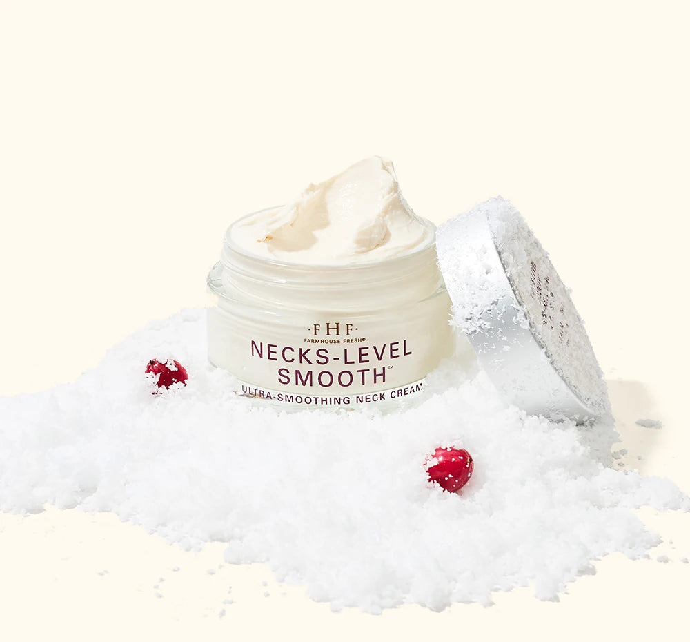 FarmHouse Fresh Necks-Level Smooth neck and décolleté firming cream styled with festive holiday greenery and red berries