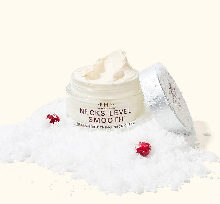 FarmHouse Fresh Necks-Level Smooth neck and décolleté firming cream styled with festive holiday greenery and red berries