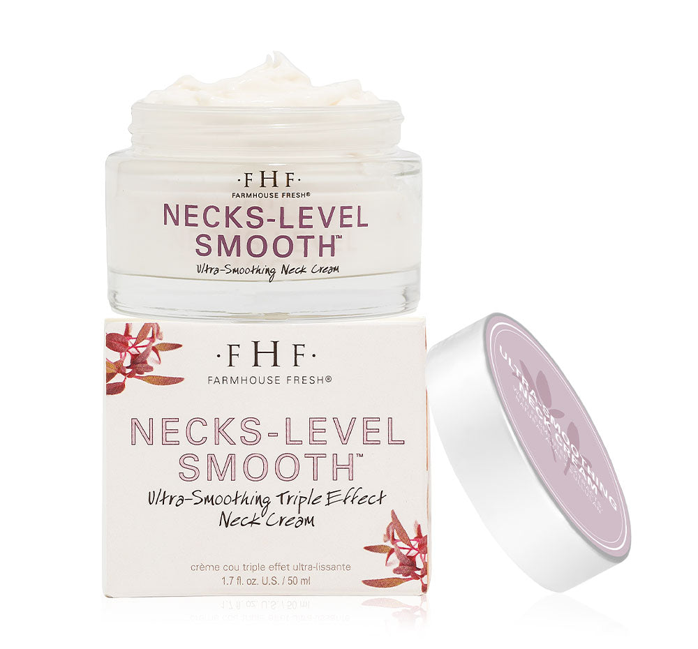 A jar and a box of FarmHouse Fresh Necks-Level Smooth Neck Cream that improves smoothness and elasticity of skin.