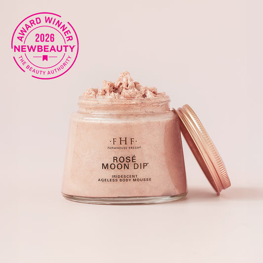 Jar of FHF Rosé Moon Dip body mousse with a pink '2026 New Beauty Award Winner' badge on a light pink background.