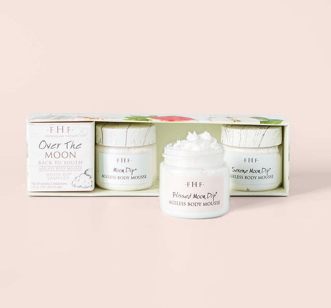 FarmHouse Fresh Over The Moon Body Mousse Sampler that includes three travel-size Moon Dip body moisturizers with fruity, fresh and soft scents.