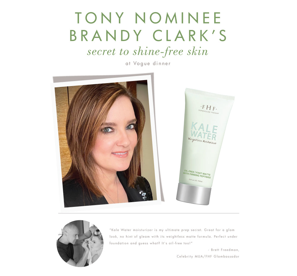 Brandy Clark uses FarmHouse Fresh Kale Water Weightless Moisturizer at Vogue Dinner to make her skin shine-free.